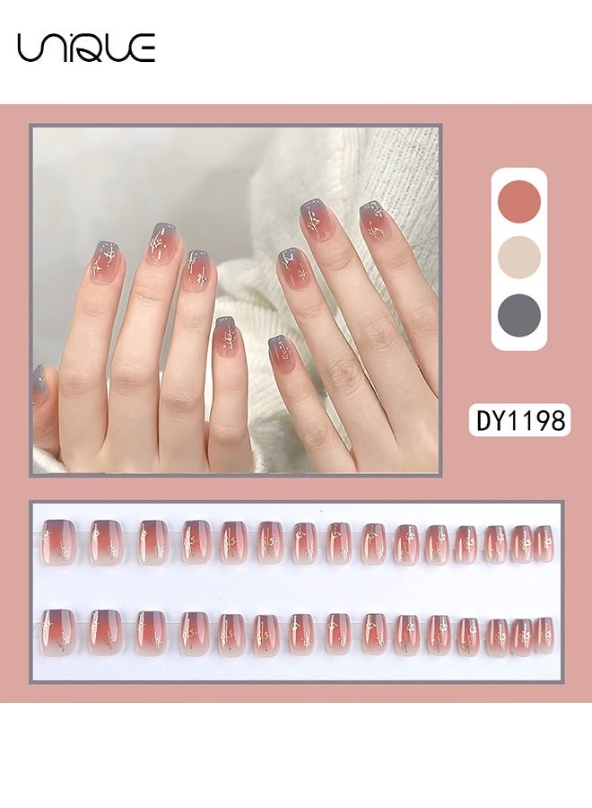 Unique 24Pcs Fake Nails, Press Nails,Short Ballet Nails -Grey Blue Gradient Nail Art - Golden French Manicure - Fake Nail Patch - Image 2