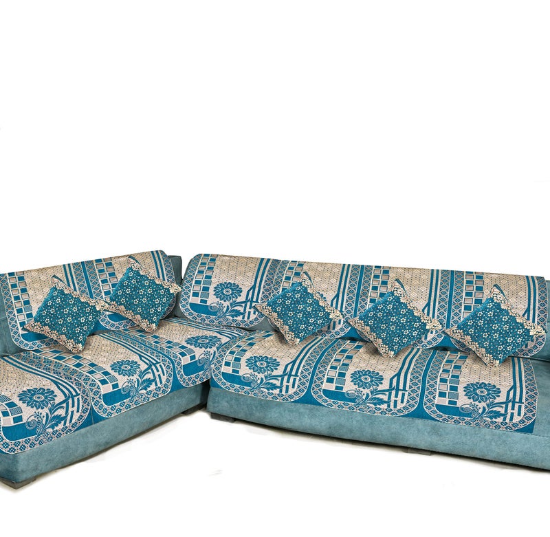 Dazzling DECOR Velvet L Shape Sofa Covers Set with 5 Cushion Covers - Premium 7 Seater Sofa Slip Protector Covers for Living Room Decor - Heavy Fabric Slip Protector for Long Couch, Aqua_1551 - Image 2