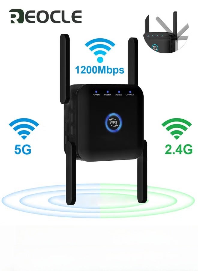 REOCLE 5G Wifi Repeater Wifi Amplifier 1200mbps Wifi Signal Network Extender Long Range Booster Increases Wireless WiFi Booster Range Extender 2.4GHz and 5GHz Dual Band WiFi Booster - Image 1