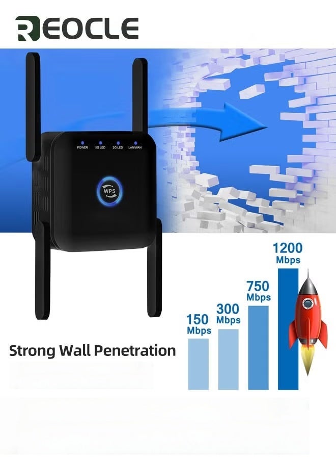 REOCLE 5G Wifi Repeater Wifi Amplifier 1200mbps Wifi Signal Network Extender Long Range Booster Increases Wireless WiFi Booster Range Extender 2.4GHz and 5GHz Dual Band WiFi Booster - Image 5