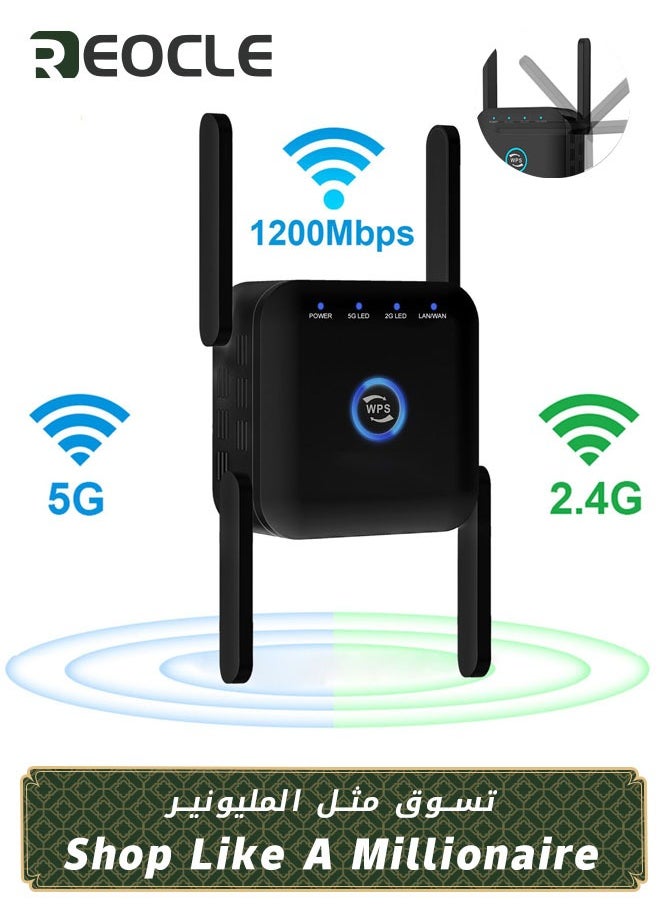 REOCLE - 5G Wifi Repeater Wifi Amplifier 1200mbps Wifi Signal Network Extender Long Range Booster Increases Wireless WiFi Booster Range Extender 2.4GHz and 5GHz Dual Band WiFi Booster - Image 1