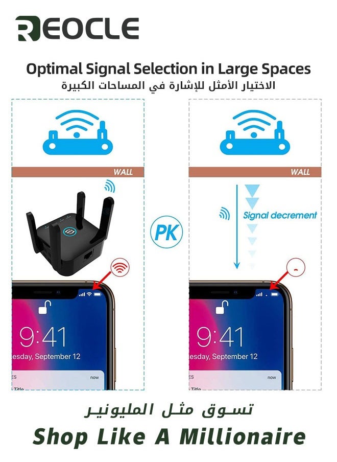 REOCLE - 5G Wifi Repeater Wifi Amplifier 1200mbps Wifi Signal Network Extender Long Range Booster Increases Wireless WiFi Booster Range Extender 2.4GHz and 5GHz Dual Band WiFi Booster - Image 1