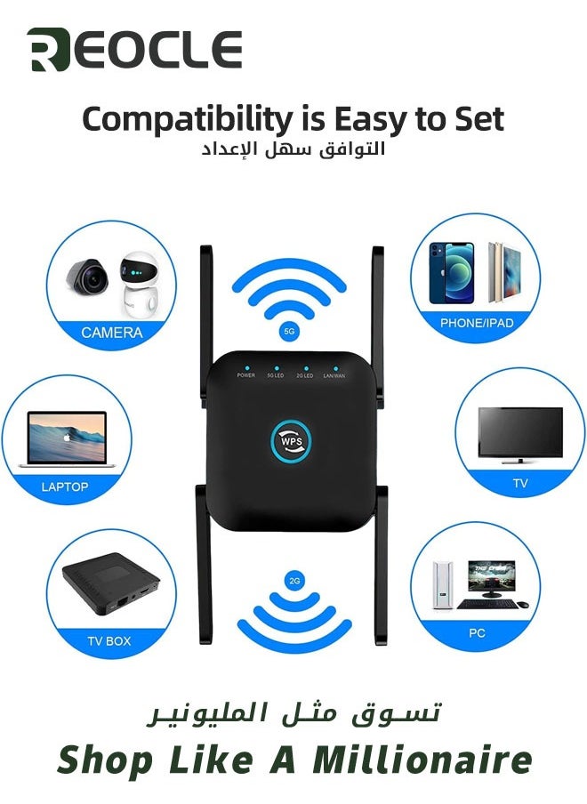 REOCLE - 5G Wifi Repeater Wifi Amplifier 1200mbps Wifi Signal Network Extender Long Range Booster Increases Wireless WiFi Booster Range Extender 2.4GHz and 5GHz Dual Band WiFi Booster - Image 1