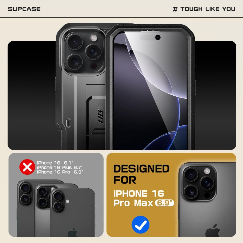SUPCASE for iPhone 16 Pro Max Case with Screen Protector (Unicorn Beetle Pro), [Built-in Stand & Belt-Clip] [Military-Grade Protection] Full Body Heavy Duty Phone Case for iPhone 16 Pro Max, Black - Image 2