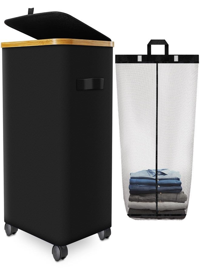 Wuevu Black Laundry Hamper with Lid and Wheels,Wheeled Laundry Basket with Handles Foldable Dirty Clothes Hamper Rolling Narrow Laundry Hamper for Bedroom Dorm Laundry Room-75L - Image 1