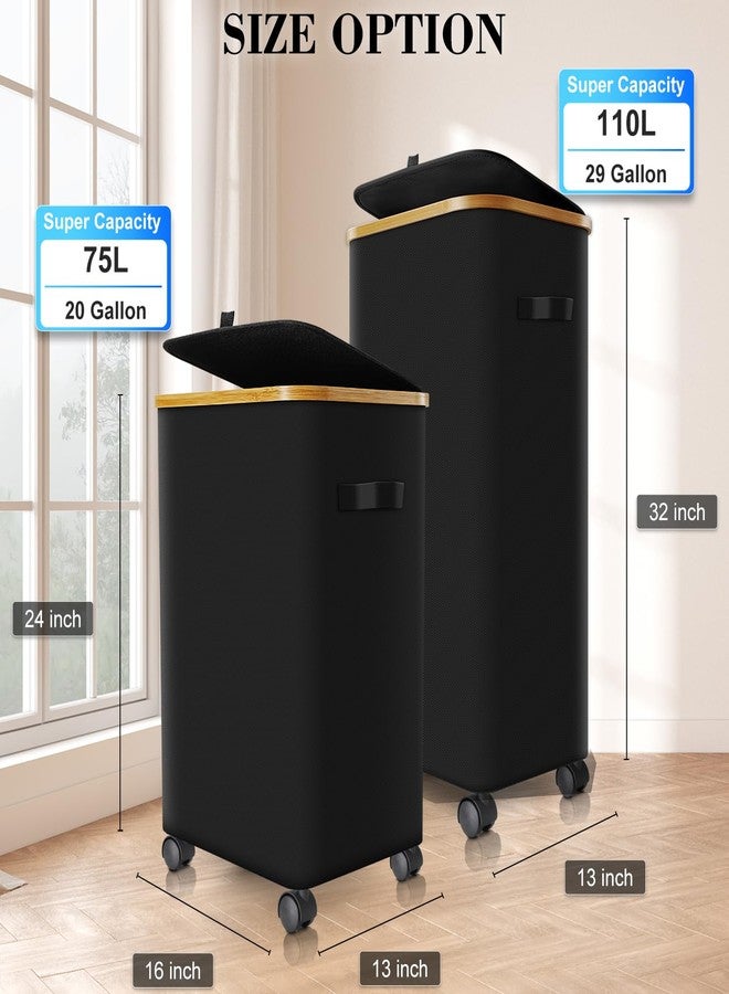 Wuevu Black Laundry Hamper with Lid and Wheels,Wheeled Laundry Basket with Handles Foldable Dirty Clothes Hamper Rolling Narrow Laundry Hamper for Bedroom Dorm Laundry Room-75L - Image 4