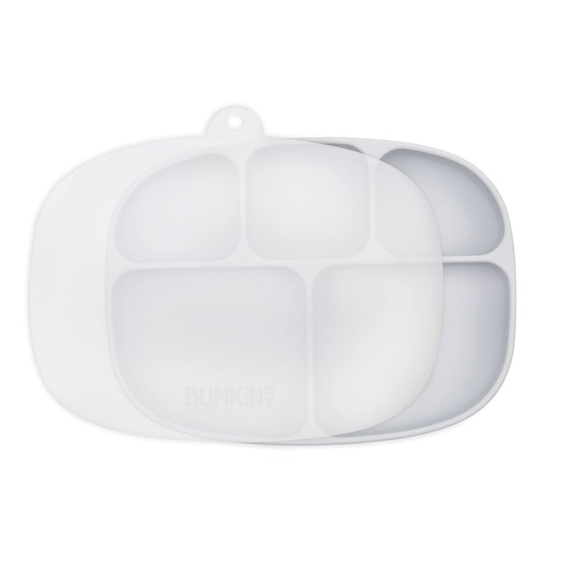 Bumkins Toddler and Baby Suction Plate Silicone Divided Grip Dish and Lid Large 5Section Tray for Kids Essentials in Children Feeding Supplies Non Skid Stick Bottom for Ages 6 Months Up Gray