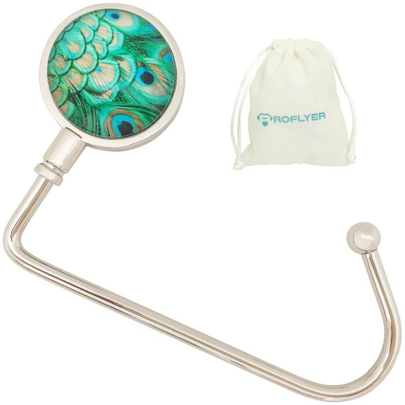 ROFLYER Purse Hook Hanger for Table Bar Handbag Hanger Safer Cleaner Bag Table Hanger with Velvet Pouch (Peacock Feather) - Image 1