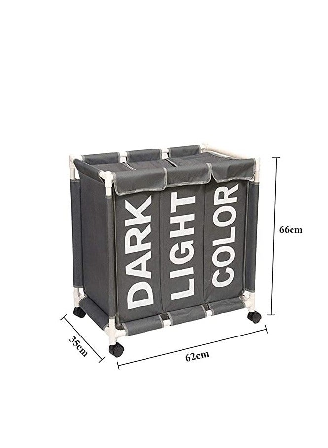 بواو سلة غسيل بـ 3 أقسام، سلة غسيل بـ 3 أكياس مع عجلات قابلة للقفل للخدمة الشاقة وأكياس قابلة للإزالة، سلة غسيل منظمة سلة غسيل فاصلة للملابس، رمادي فاتح - Image 2