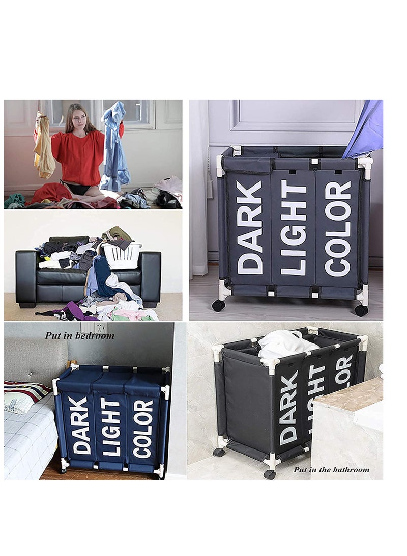 بواو سلة غسيل بـ 3 أقسام، سلة غسيل بـ 3 أكياس مع عجلات قابلة للقفل للخدمة الشاقة وأكياس قابلة للإزالة، سلة غسيل منظمة سلة غسيل فاصلة للملابس، رمادي فاتح - Image 4