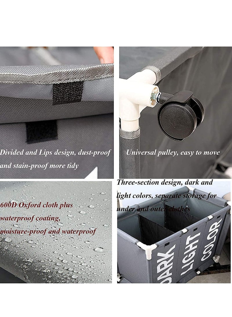 بواو سلة غسيل بـ 3 أقسام، سلة غسيل بـ 3 أكياس مع عجلات قابلة للقفل للخدمة الشاقة وأكياس قابلة للإزالة، سلة غسيل منظمة سلة غسيل فاصلة للملابس، رمادي فاتح - Image 5