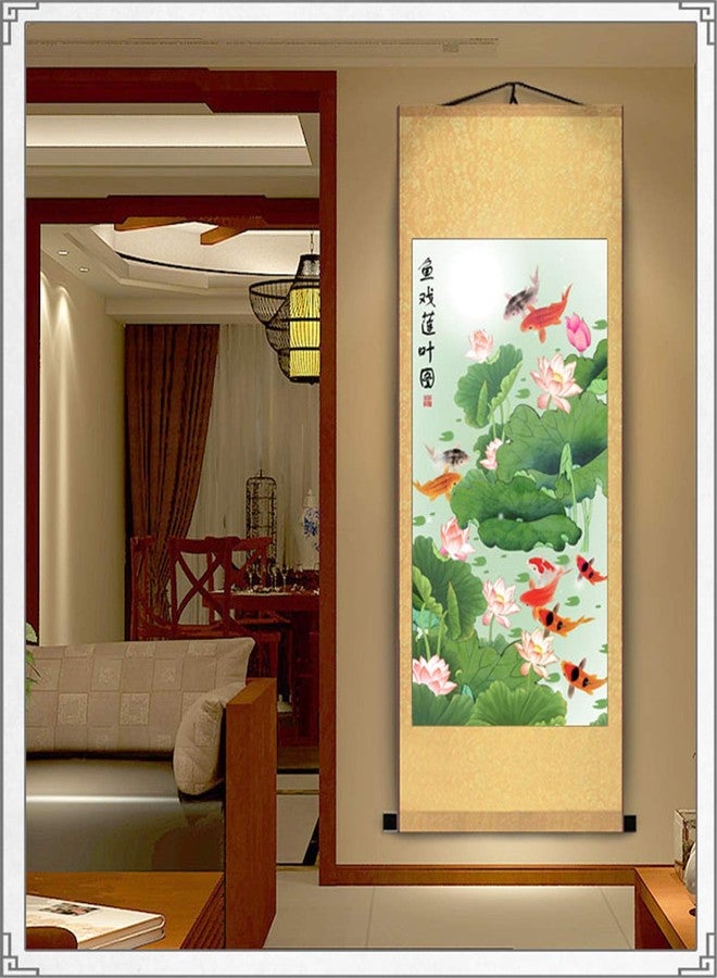 Zzooi Chinese Lucky Carp Lotus Wall Decor Hanging Silk Scroll Painting for Attract Good Luck Wealth,Feng Shui Gifts - Image 4