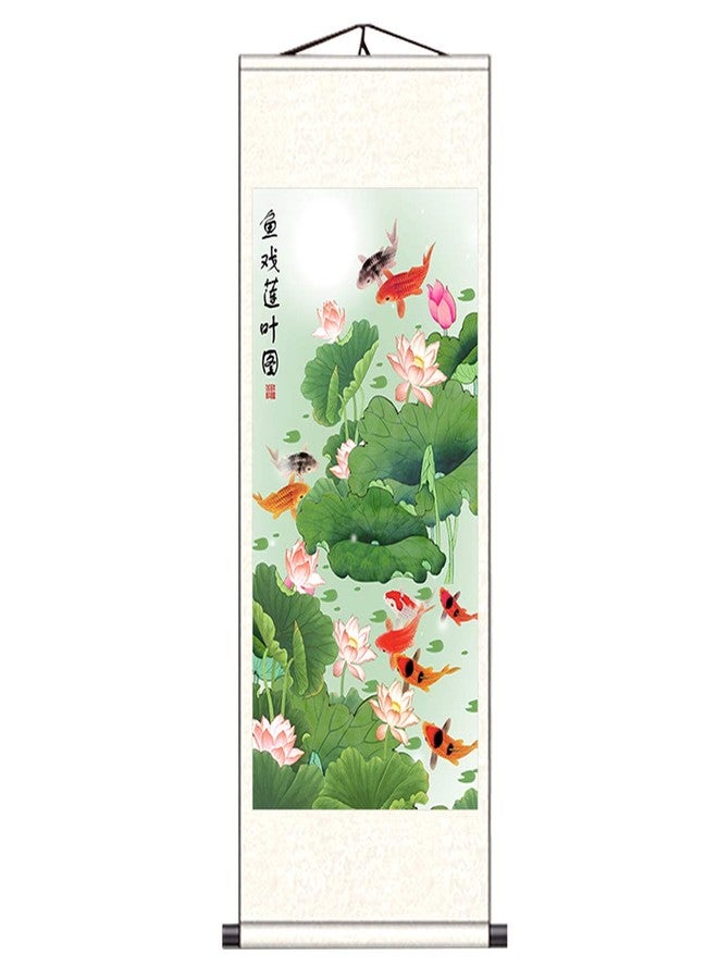 Zzooi Chinese Lucky Carp Lotus Wall Decor Hanging Silk Scroll Painting for Attract Good Luck Wealth,Feng Shui Gifts - Image 1