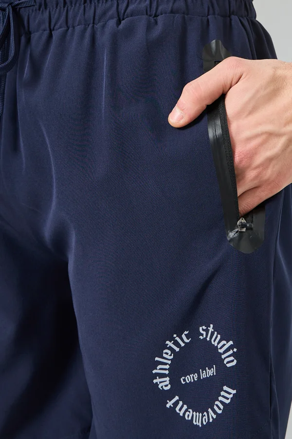 Styli Active Navy Blue Men Printed Regular Shorts with Zipper Pocket for Men | Best Price UAE