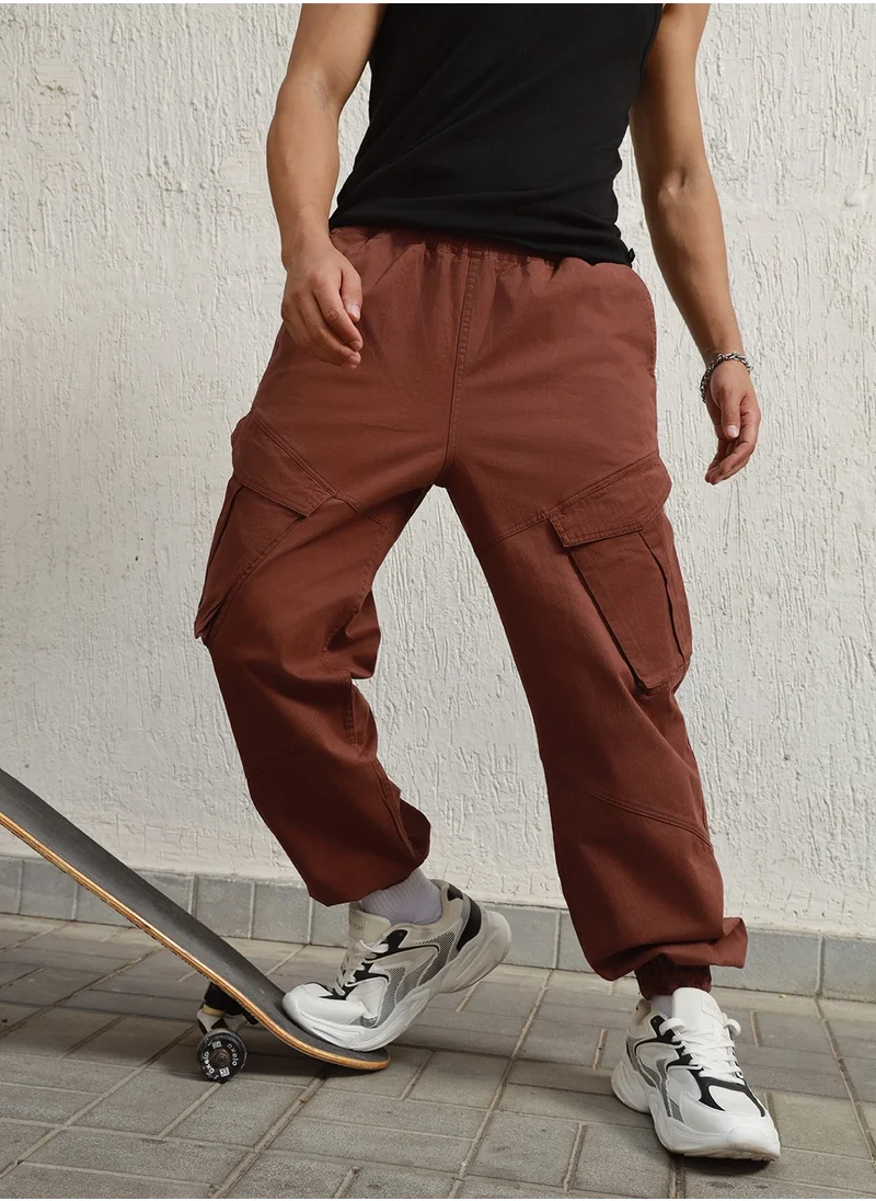 Hubberholme Relaxed Brown Cargo Trousers for Men, Mid-Rise, Cotton Stretch Fabric, Straight Leg