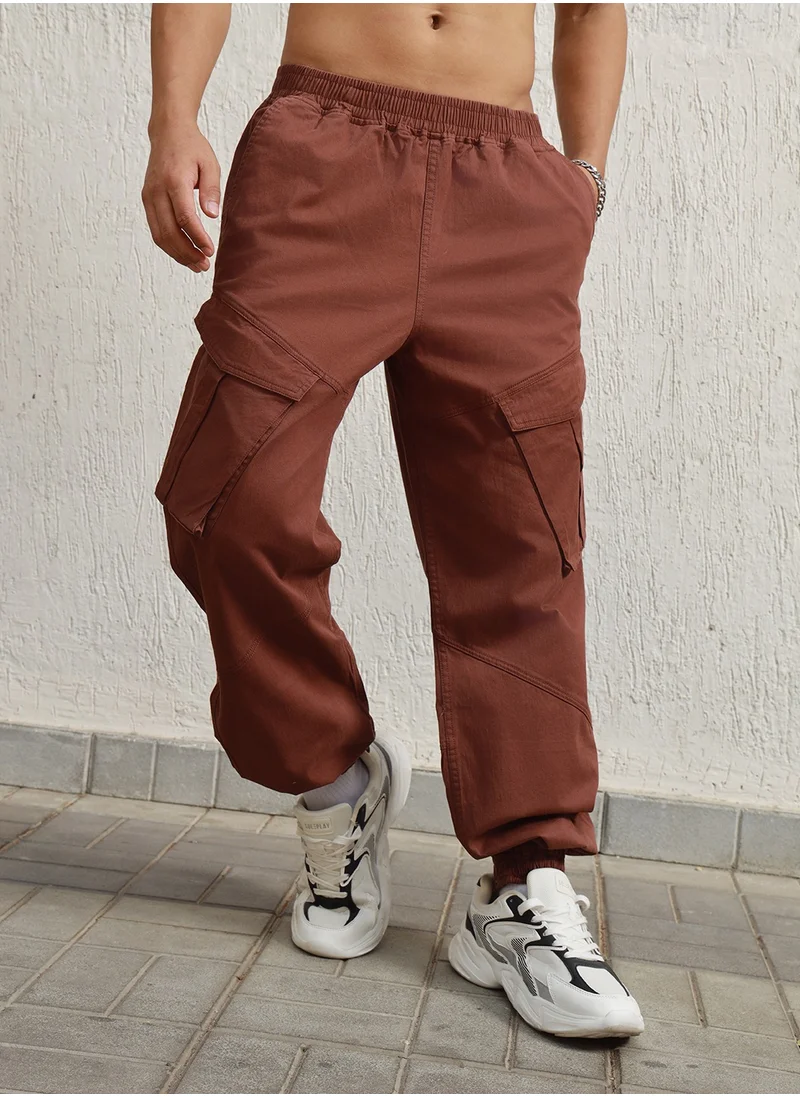 هوبرهولمي Relaxed Brown Cargo Trousers for Men, Mid-Rise, Cotton Stretch Fabric, Straight Leg