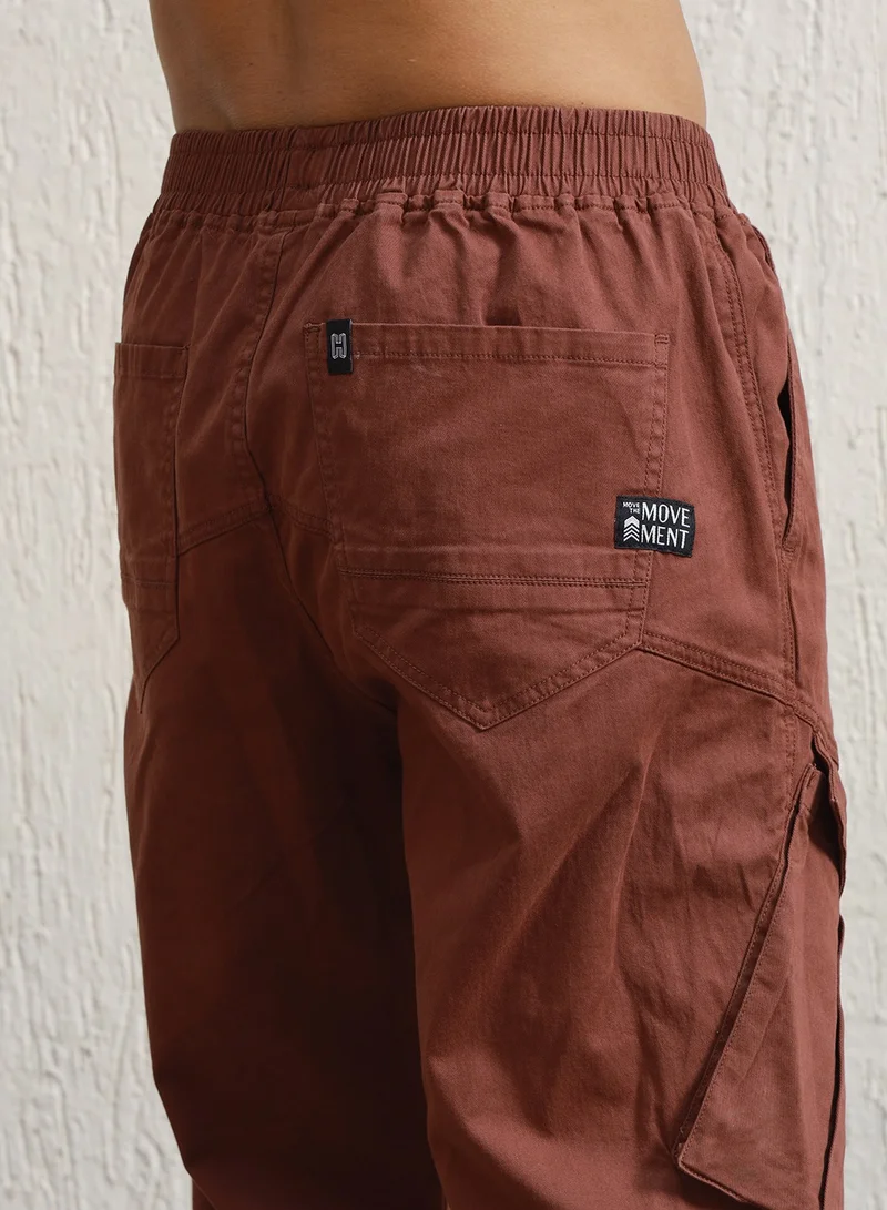 Hubberholme Relaxed Brown Cargo Trousers for Men, Mid-Rise, Cotton Stretch Fabric, Straight Leg