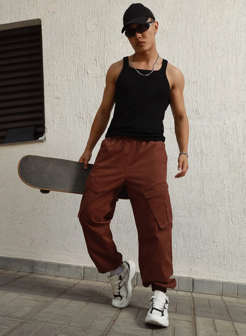 Hubberholme Relaxed Brown Cargo Trousers for Men, Mid-Rise, Cotton Stretch Fabric, Straight Leg
