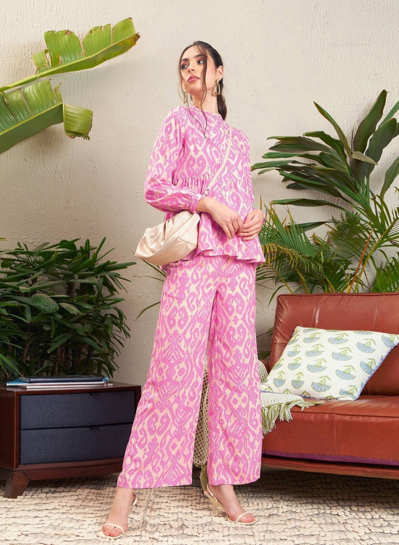 PRASHA Women Pink Ikat Tiered Shirt With Palazzo Pants - Image 2