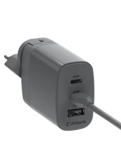 Unisynk UNISYNK 3-Port Global Multi-Charger Kit 2C1A 65W, Dual USB-C & USB-A Fast Charging, Compact & Portable - Grey  - Image 1