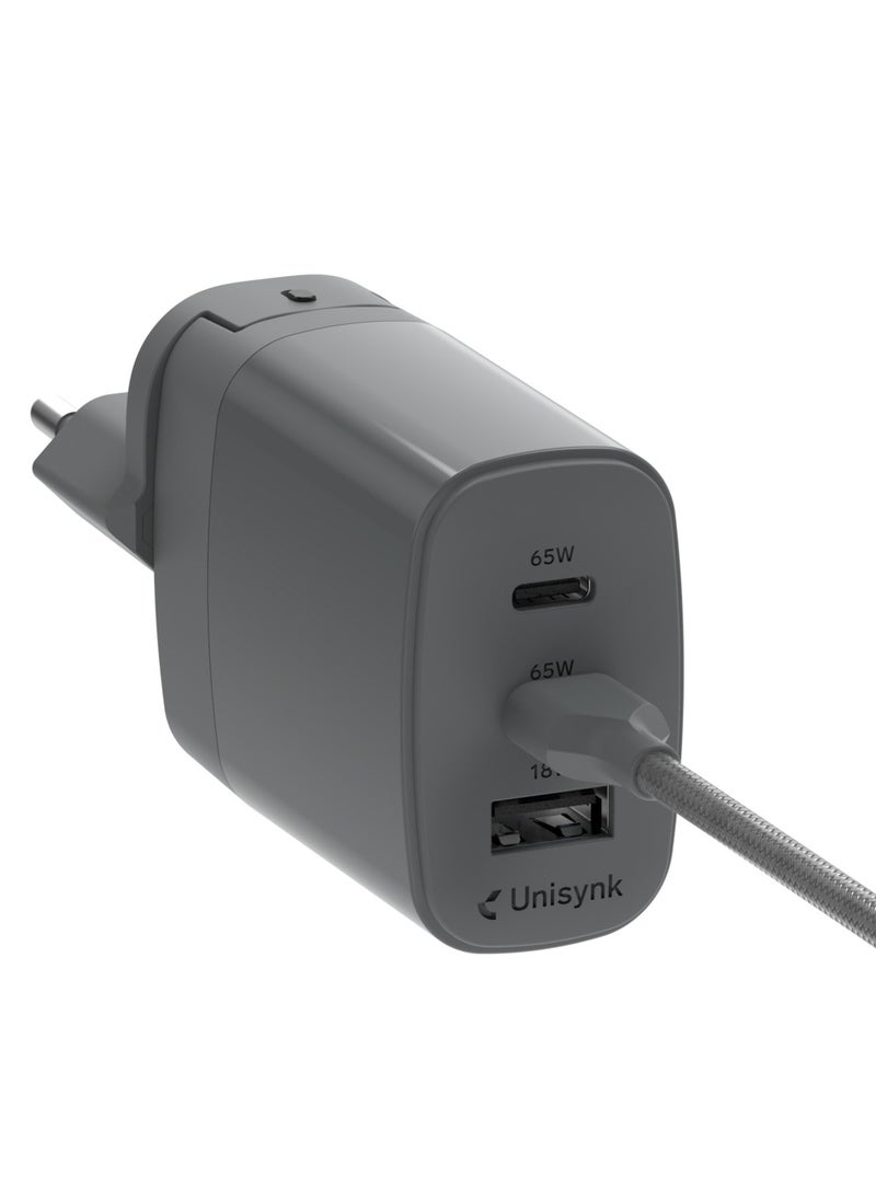 Unisynk - UNISYNK 3-Port Global Multi-Charger Kit 2C1A 65W, Dual USB-C & USB-A Fast Charging, Compact & Portable - Grey - Image 1