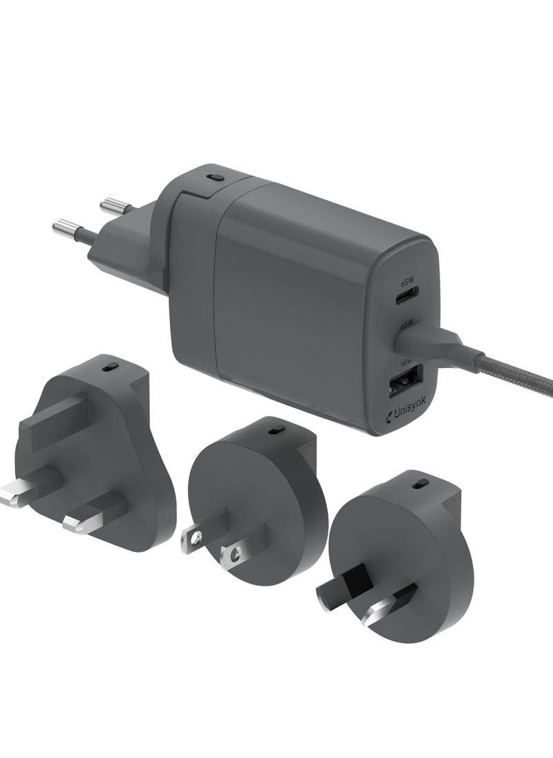 Unisynk - UNISYNK 3-Port Global Multi-Charger Kit 2C1A 65W, Dual USB-C & USB-A Fast Charging, Compact & Portable - Grey - Image 1