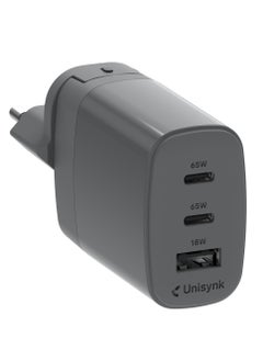 Unisynk UNISYNK 3-Port Global Multi-Charger Kit 2C1A 65W, Dual USB-C & USB-A Fast Charging, Compact & Portable - Grey  - Image 2