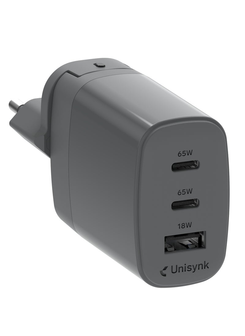 Unisynk - UNISYNK 3-Port Global Multi-Charger Kit 2C1A 65W, Dual USB-C & USB-A Fast Charging, Compact & Portable - Grey - Image 1