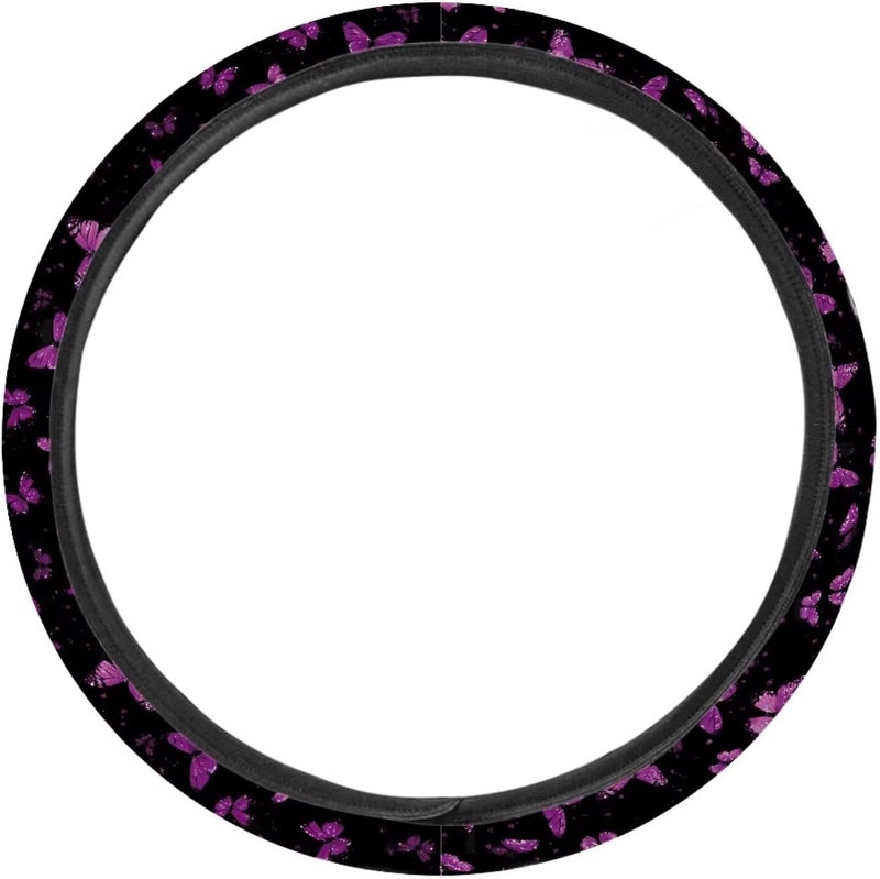 Universal Steering Wheel Cover, 15-inch Non-Slip Driving Accessories, Polyester for Car & Truck(Mauve Butterfly Pattern) - Image 2