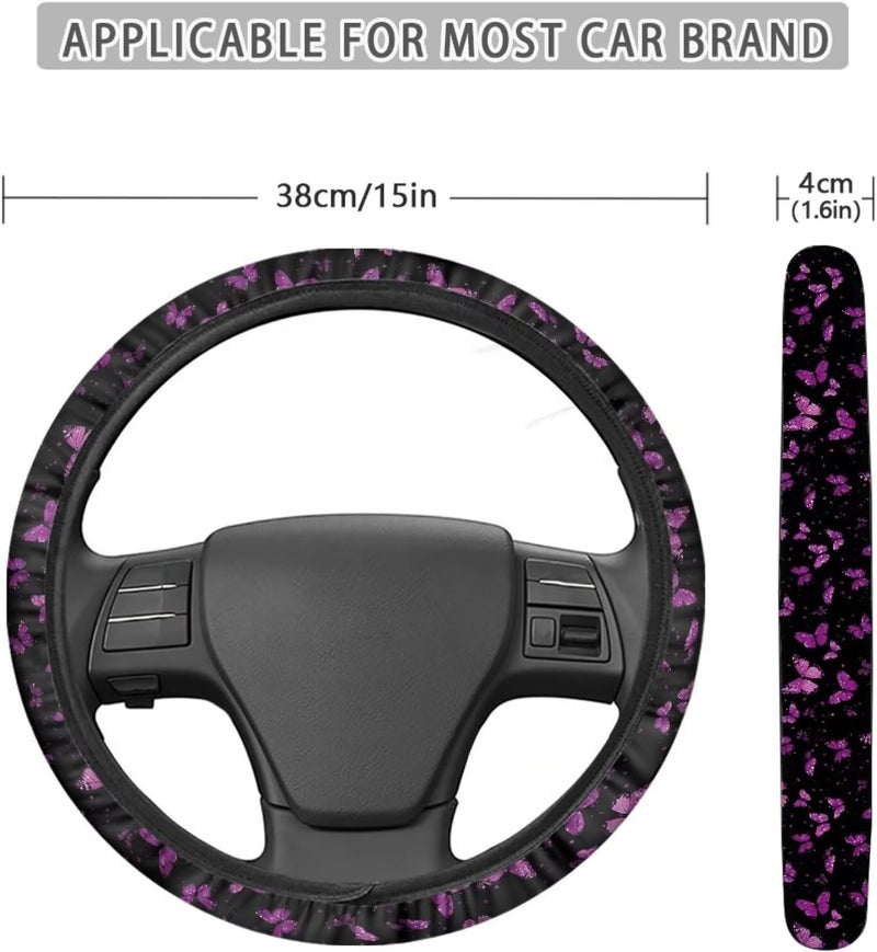 Universal Steering Wheel Cover, 15-inch Non-Slip Driving Accessories, Polyester for Car & Truck(Mauve Butterfly Pattern) - Image 5