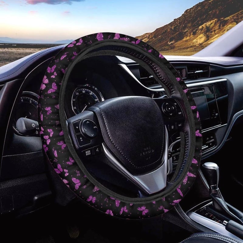 Universal Steering Wheel Cover, 15-inch Non-Slip Driving Accessories, Polyester for Car & Truck(Mauve Butterfly Pattern) - Image 1
