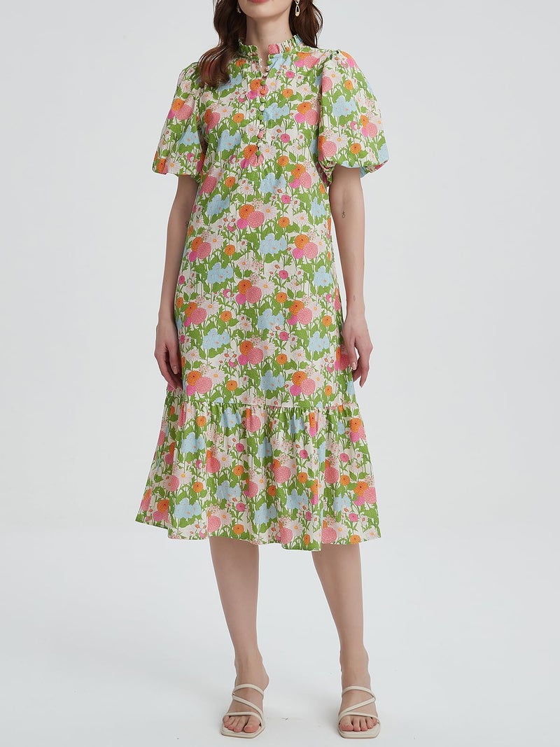 LifeShe Summer Floral Midi Dress for Women Spring Puff Short Sleeve Button Down Flowy Boho Dresses Green - Image 4