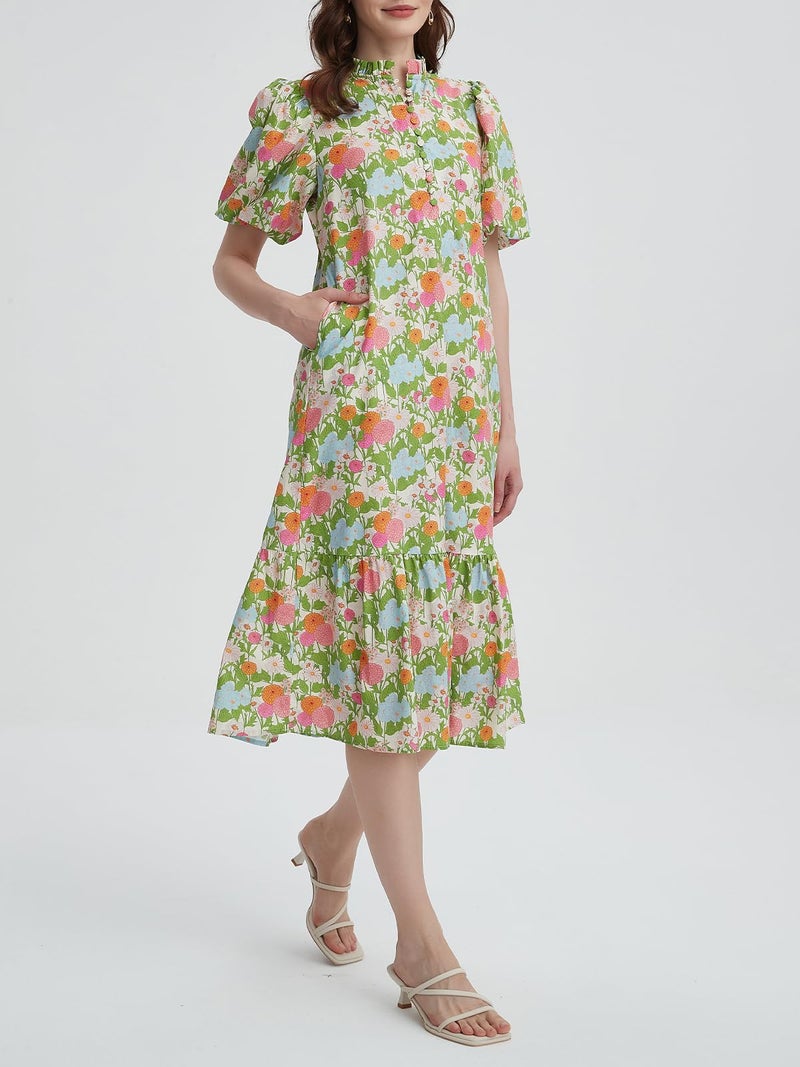LifeShe Summer Floral Midi Dress for Women Spring Puff Short Sleeve Button Down Flowy Boho Dresses Green - Image 5
