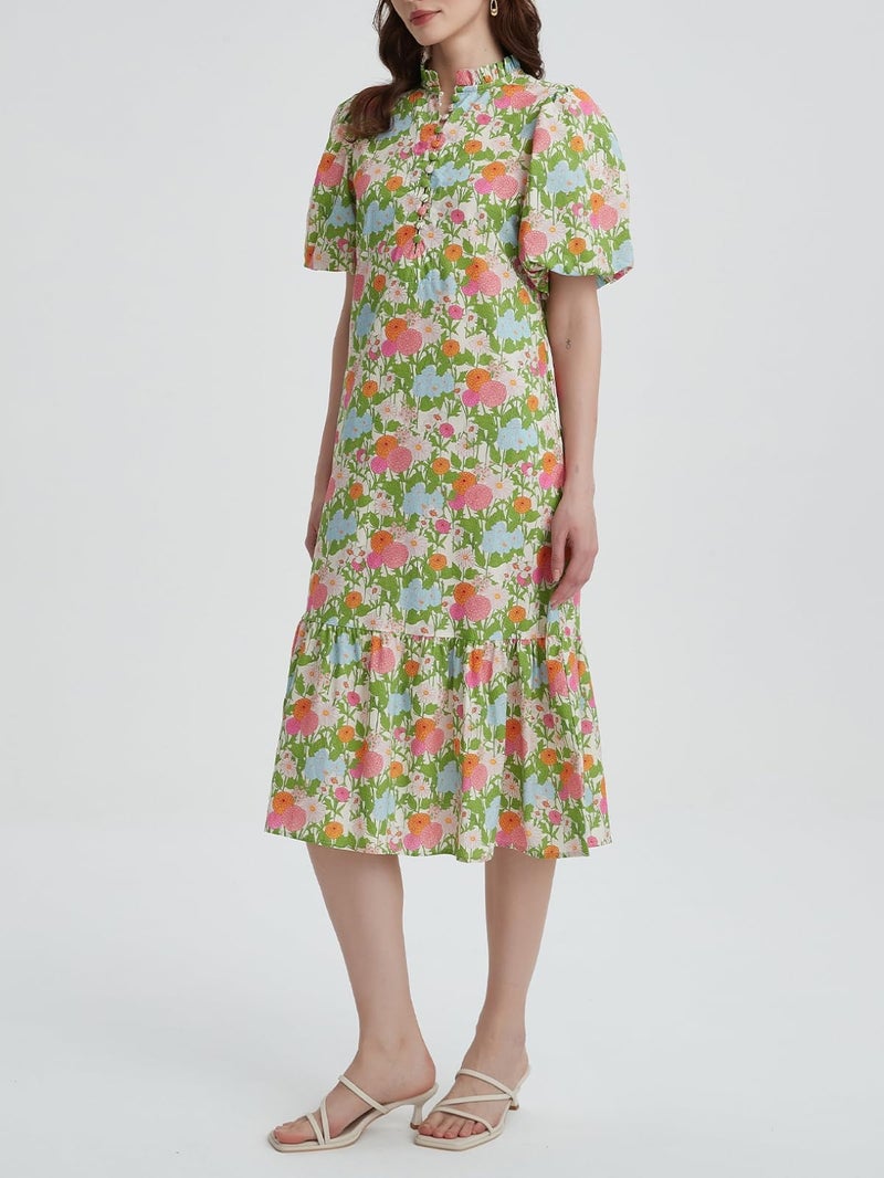LifeShe Summer Floral Midi Dress for Women Spring Puff Short Sleeve Button Down Flowy Boho Dresses Green - Image 3