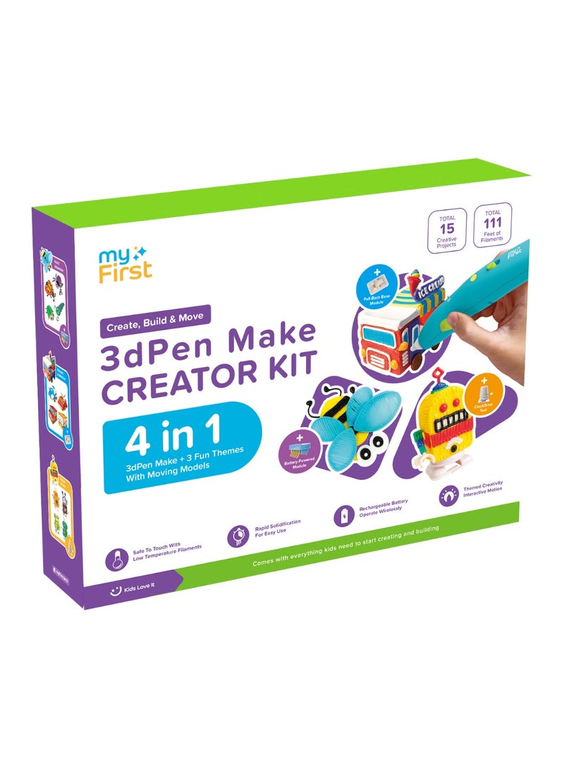 myFirst 3D Pen Make Creator Kit | All-in-One Starter Bundle with 3D Pen, Robot/Automobile/Insect Fun Packs, 3 Moving Models & Filaments – Creative STEM Craft Set for Kids - Blue - Image 2