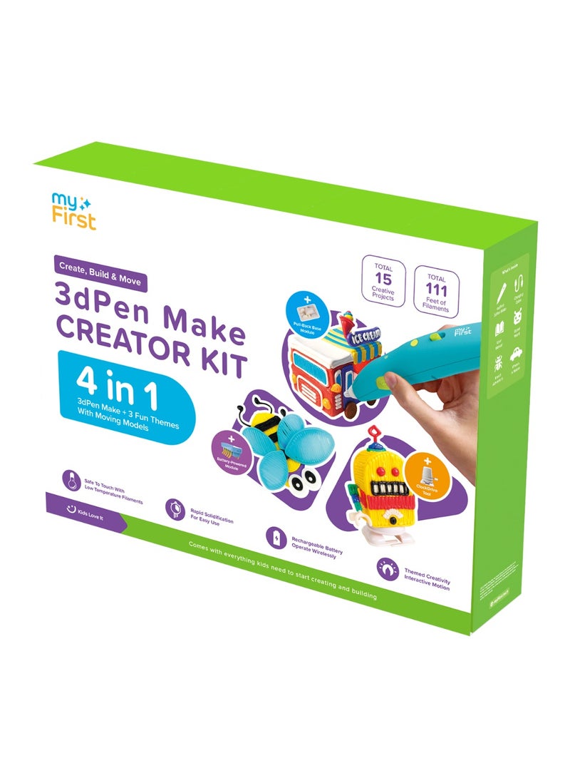 myFirst 3D Pen Make Creator Kit | All-in-One Starter Bundle with 3D Pen, Robot/Automobile/Insect Fun Packs, 3 Moving Models & Filaments – Creative STEM Craft Set for Kids - Blue - Image 1