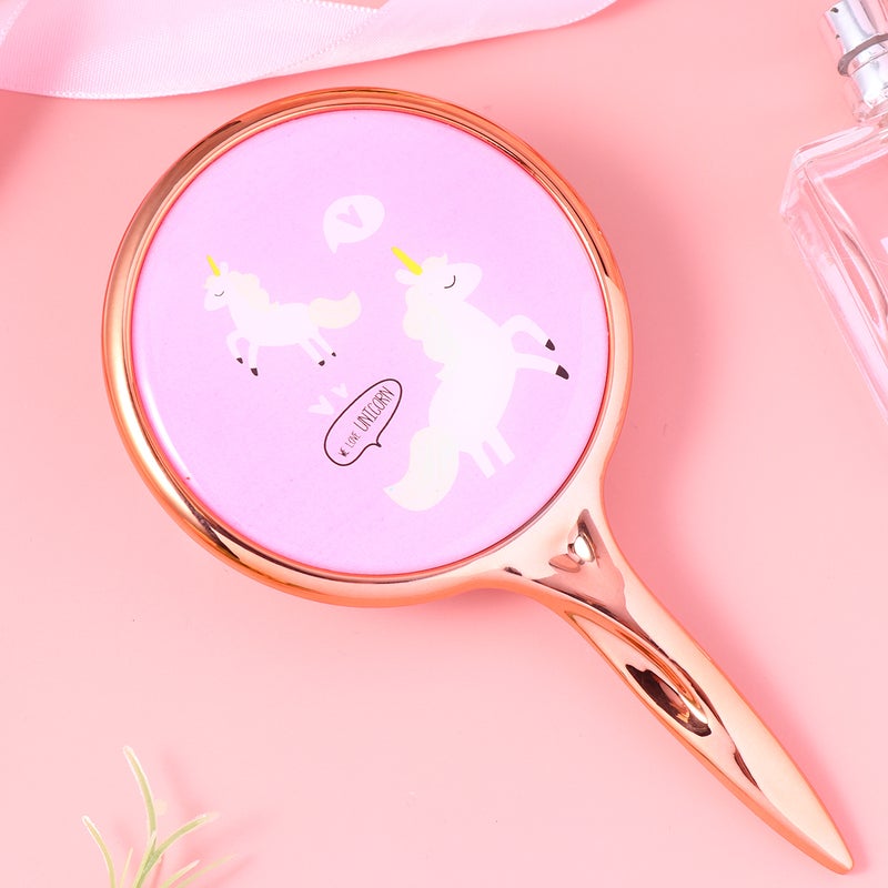 💄 مرآة مكياج دائرية صغيرة بنمط وحيد القرن مقبض أنيق لون وردي للاستخدام المنزلي وصالون التجميل - Image 5