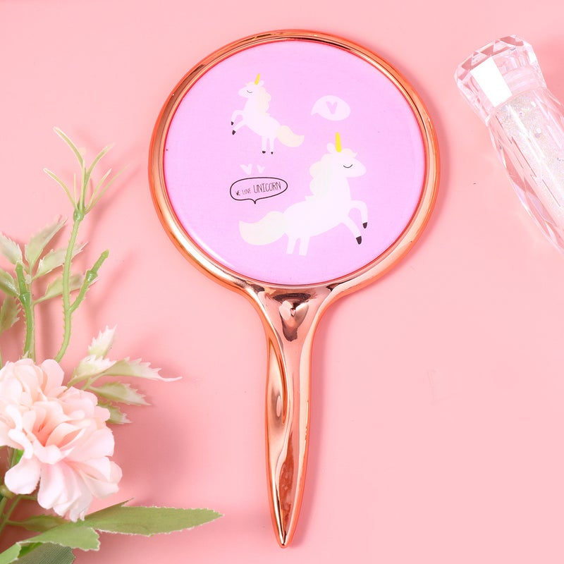 💄 مرآة مكياج دائرية صغيرة بنمط وحيد القرن مقبض أنيق لون وردي للاستخدام المنزلي وصالون التجميل - Image 4