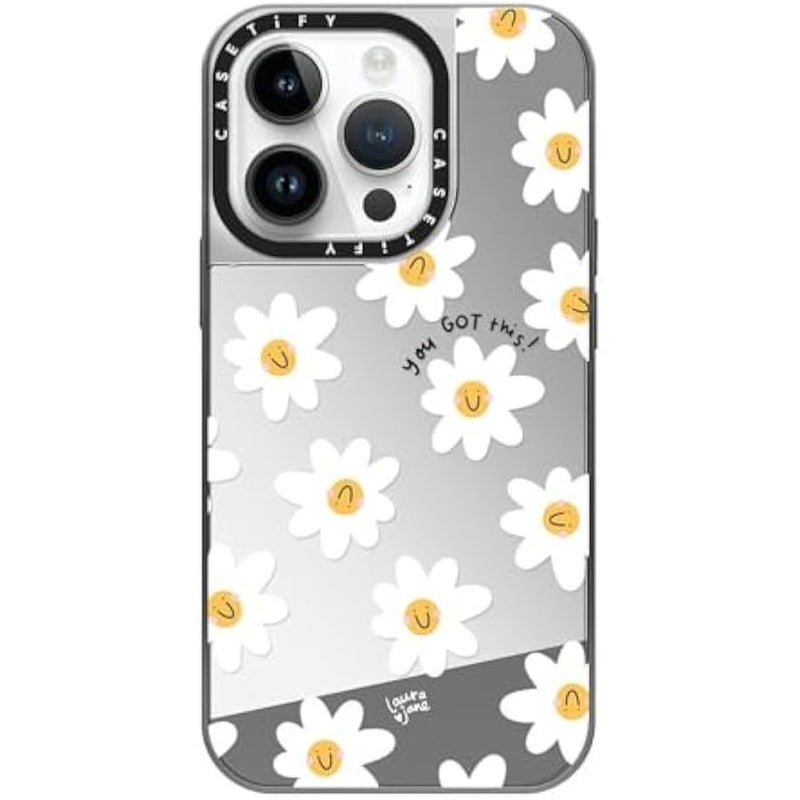 Casetify Mirror Case for iPhone 14 Pro Compatible with Magsafe - Daisies - Silver on Silver - Image 1