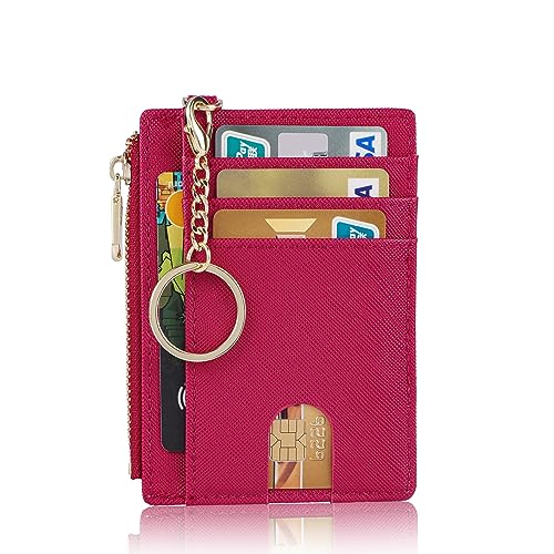 Suweibuke Slim Pocket Wallet, RFID Blocking Credit Card Holder Wallet with D-Shackle ID Window and Detachable keychain for Women (A-Burgundy Red) - Image 1