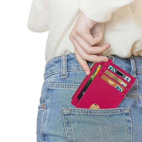 Suweibuke Slim Pocket Wallet, RFID Blocking Credit Card Holder Wallet with D-Shackle ID Window and Detachable keychain for Women (A-Burgundy Red) - Image 4