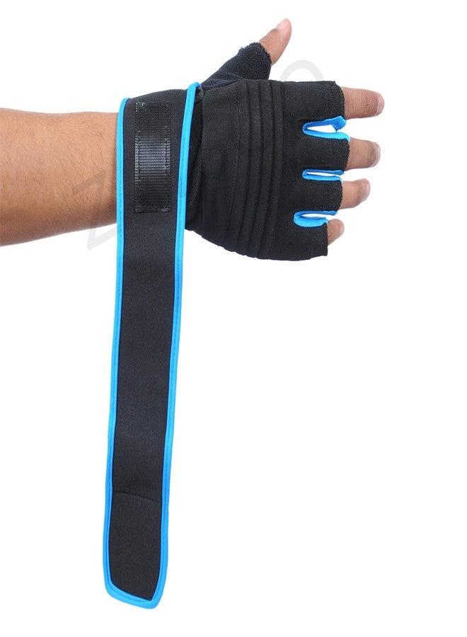 ZaySoo Leather Gym Gloves for Professional Weightlifting, Fitness Training and Workout | with Half-Finger Length, Wrist Wrap for Protection | and Tactical Thumb - Black&Blue - Image 1