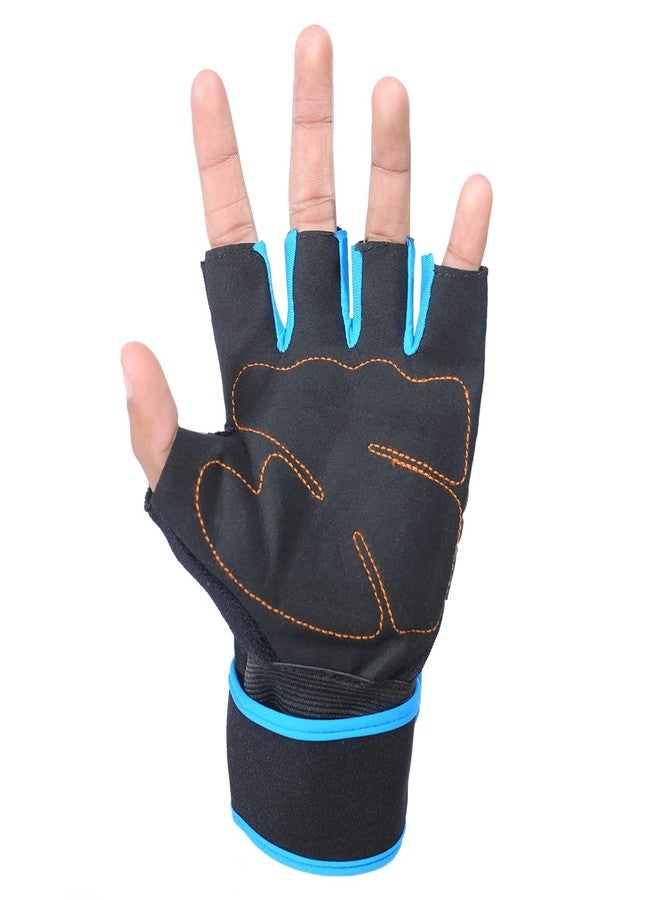 ZaySoo Leather Gym Gloves for Professional Weightlifting, Fitness Training and Workout | with Half-Finger Length, Wrist Wrap for Protection | and Tactical Thumb - Black&Blue - Image 3