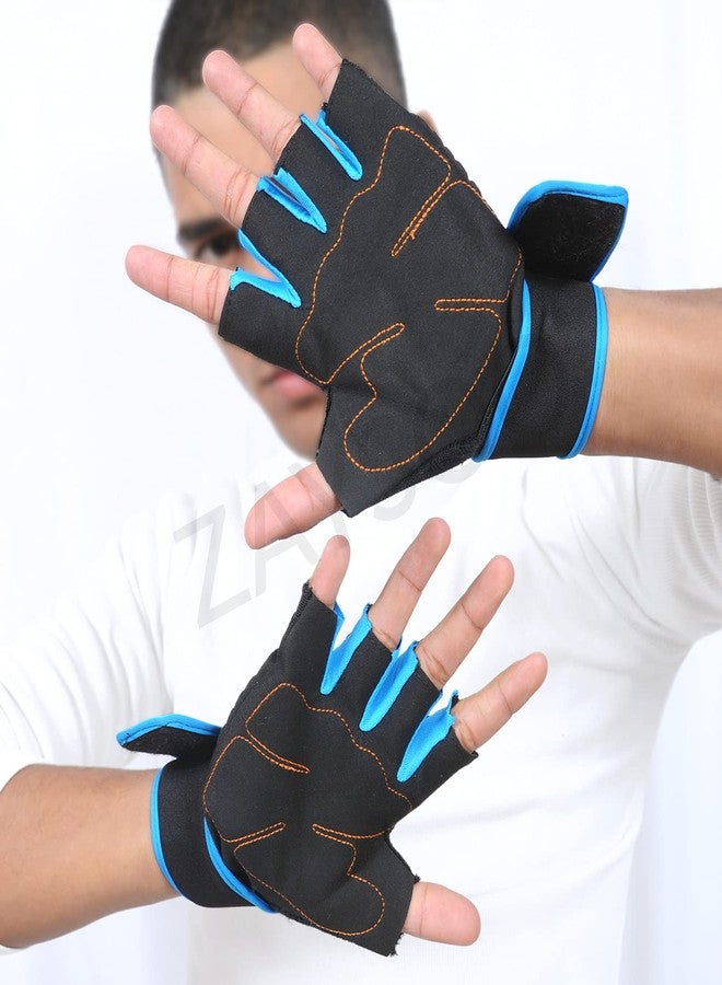 ZaySoo Leather Gym Gloves for Professional Weightlifting, Fitness Training and Workout | with Half-Finger Length, Wrist Wrap for Protection | and Tactical Thumb - Black&Blue - Image 5