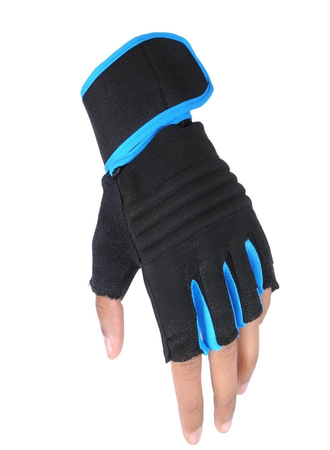 ZaySoo Leather Gym Gloves for Professional Weightlifting, Fitness Training and Workout | with Half-Finger Length, Wrist Wrap for Protection | and Tactical Thumb - Black&Blue - Image 2
