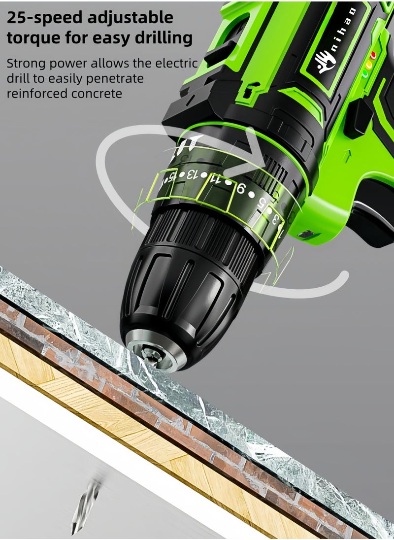 nihao - 80N Pure Copper Motor Power Drill, IPX5 Dustproof and Waterproof Electric Drill Set with LED, 2 *21V Lithium Battery Fast Charging, 25 Gears of Torque, High and Low 2 Speeds, 3 Mode Switch Freely - Image 1