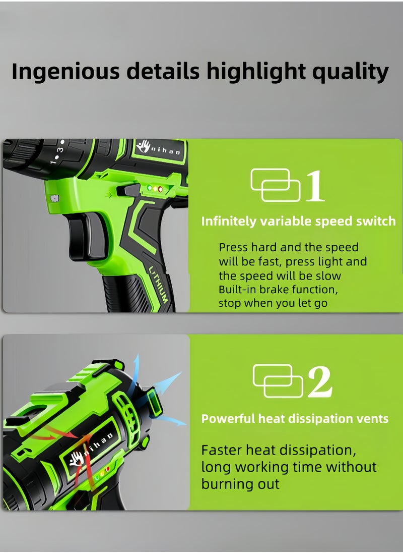 nihao - 80N Pure Copper Motor Power Drill, IPX5 Dustproof and Waterproof Electric Drill Set with LED, 2 *21V Lithium Battery Fast Charging, 25 Gears of Torque, High and Low 2 Speeds, 3 Mode Switch Freely - Image 1