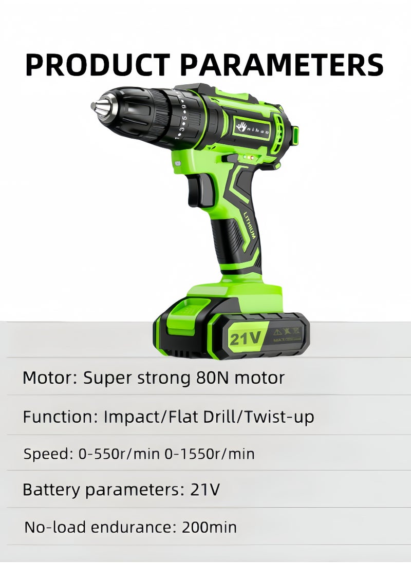 nihao - 80N Pure Copper Motor Power Drill, IPX5 Dustproof and Waterproof Electric Drill Set with LED, 2 *21V Lithium Battery Fast Charging, 25 Gears of Torque, High and Low 2 Speeds, 3 Mode Switch Freely - Image 1