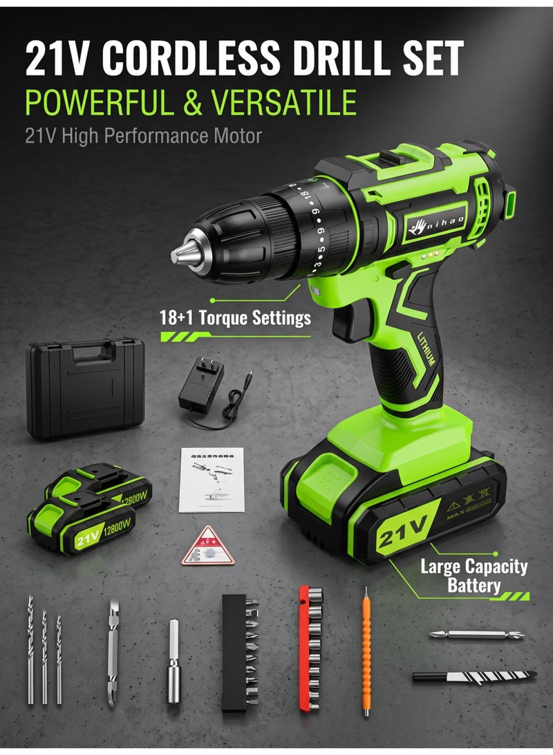 nihao 80N Pure Copper Motor Power Drill, IPX5 Dustproof and Waterproof Electric Drill Set with LED, 2 *21V Lithium Battery Fast Charging, 25 Gears of Torque, High and Low 2 Speeds, 3 Mode Switch Freely - Image 1