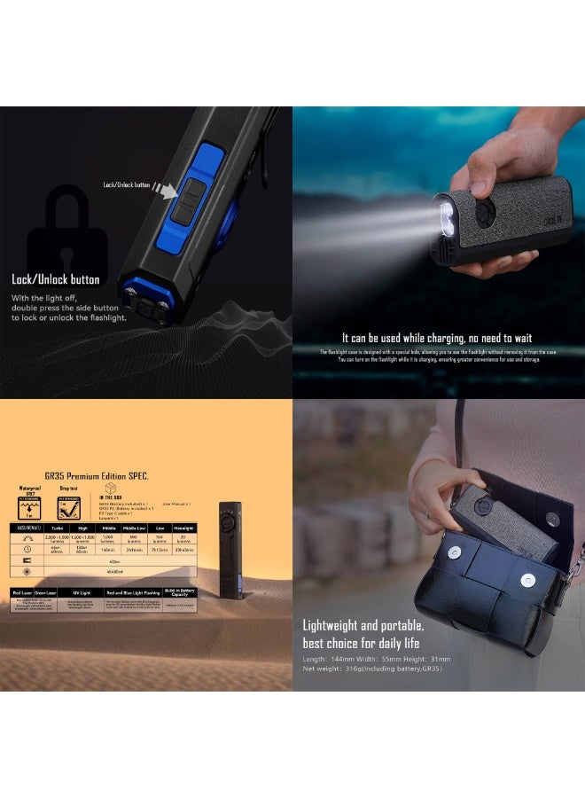 IMALENT Ultra-Slim EDC Flashlight GR35, Rechargeable Torch, 2800 Lumens, 4 in 1: Light with Green Beams, UV LED, White Light and Red-blue Flashing Flashlight, Anti-Slip Grip, Super-Thin Build Flat for Outdoors, Emergency - Image 2